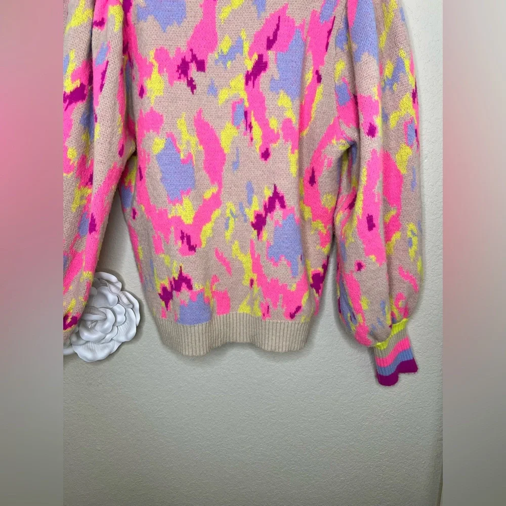 NTM Jodifl Abstract Print Sweater Neon Pink Taupe Balloon Sleeve Pullover Size L - Picture 13 of 16